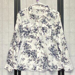 Eden & Olivia Roll Sleeve Collared Button Up Floral Swiss Dot Stripe Blouse L